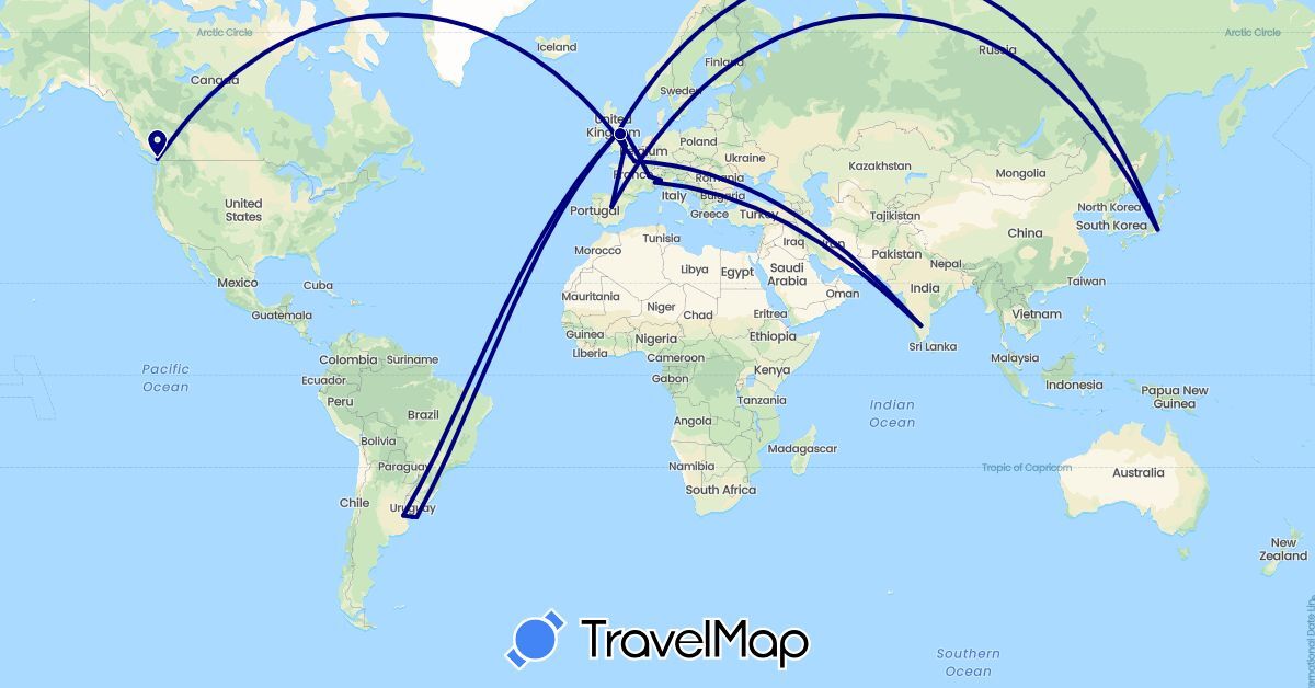 TravelMap itinerary: driving in Argentina, Canada, Switzerland, Spain, France, United Kingdom, India, Italy, Japan, Uruguay (Asia, Europe, North America, South America)